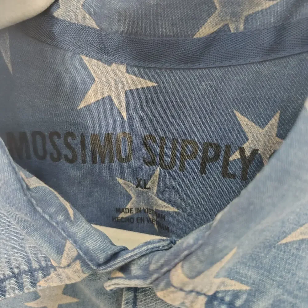 New Mossimo Mens XL Button Down Shirt Stars Cement Blue Short Sleeve - Picture 5 of 6